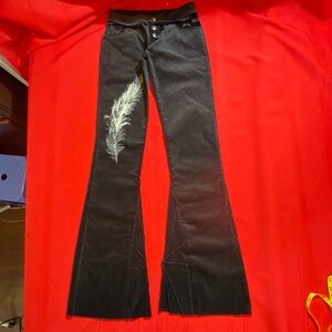 ECCENTRIC SYMPHONY Black Velvet Women's Flare Jeans Pants, Feather Design XS